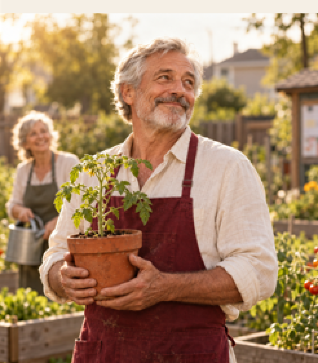 Mann mit einer Topfpflanze im Garten, eine Frau im Hintergrund
